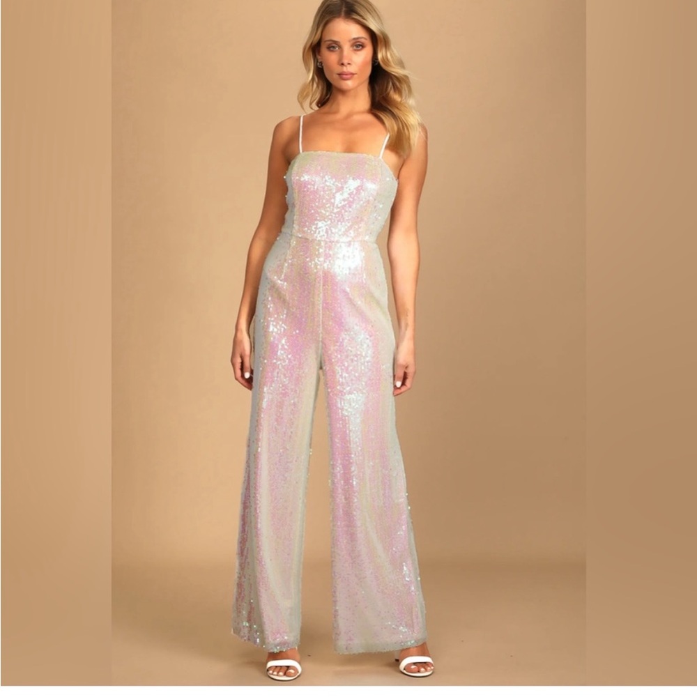 Iridescent White Sequin Sleeveless Jumpsuit